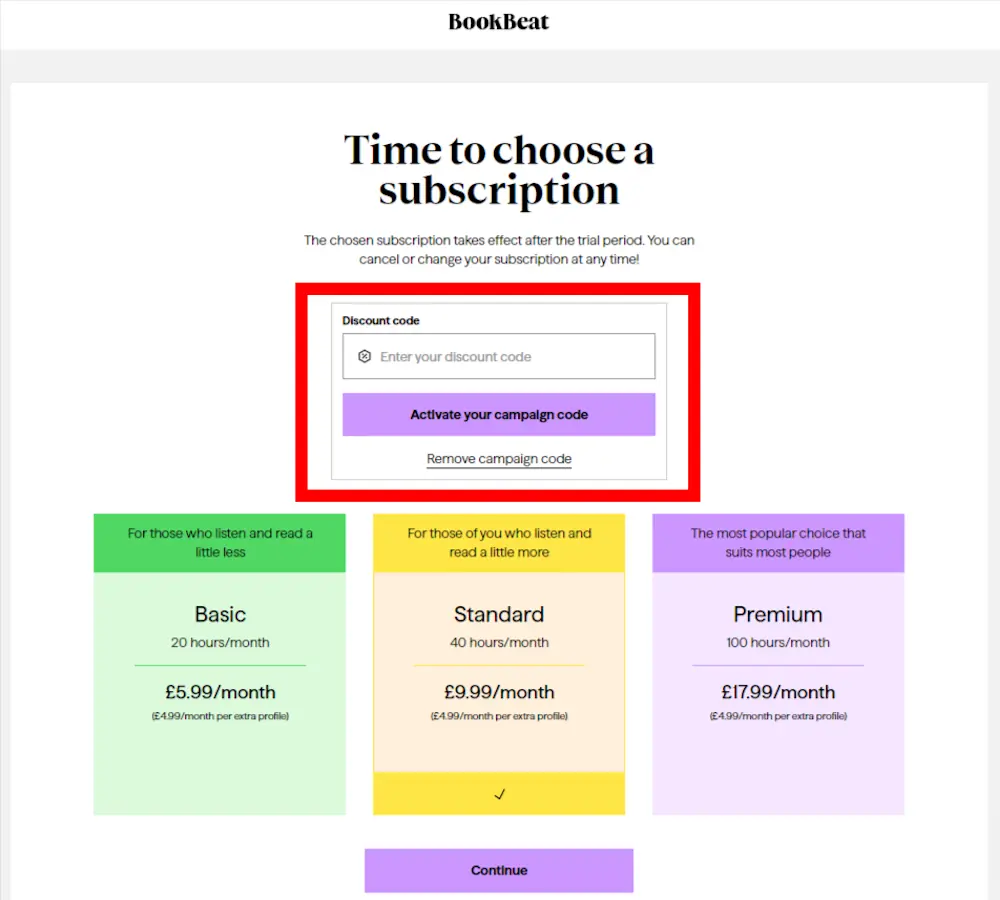 Screenshot showing where to apply a BookBeat promo code during checkout on www.bookbeat.com.