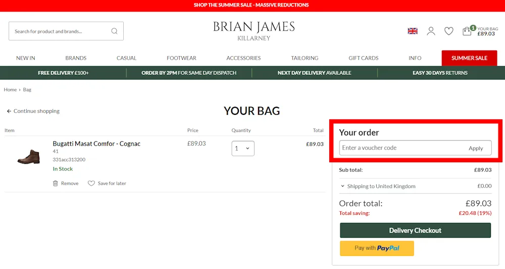 Screenshot showing where to apply a Brian James promo code during checkout on www.brianjamesmenswear.com.