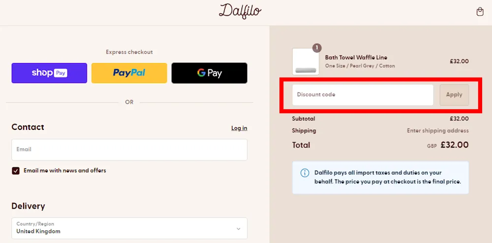 How to enter a Dalfilo discount code at checkout on dalfilo.co.uk/