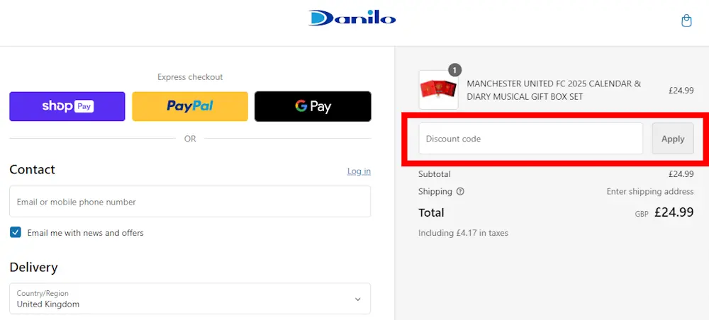 Screenshot showing where to apply a Danilo code at checkout on danilo.com