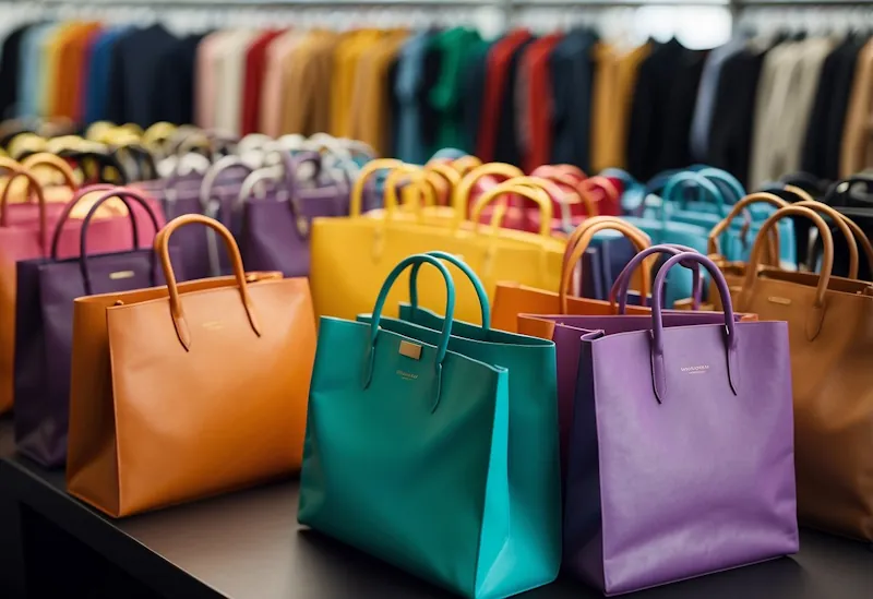 A colourful array of designer fashion items with discount codes displayed prominently. Shopping bags and price tags indicate significant savings