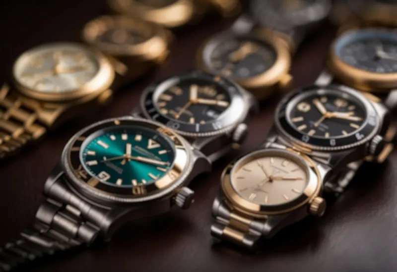 A stack of designer watches with a "Frequently Asked Questions" banner and discount codes displayed prominently