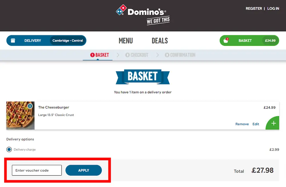 Instructions on how to enter a Domino's Pizza discount code at checkout