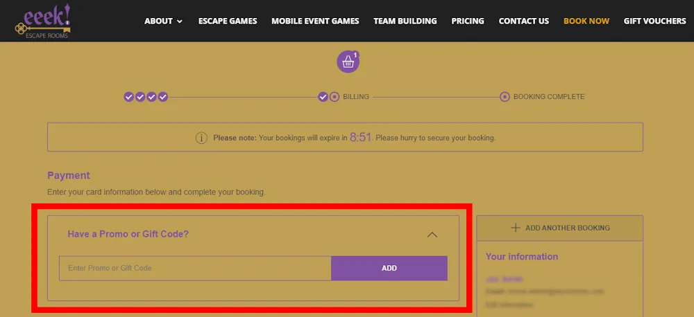 Verified instructions on how to enter our Eeek Escape Rooms voucher code at checkout.