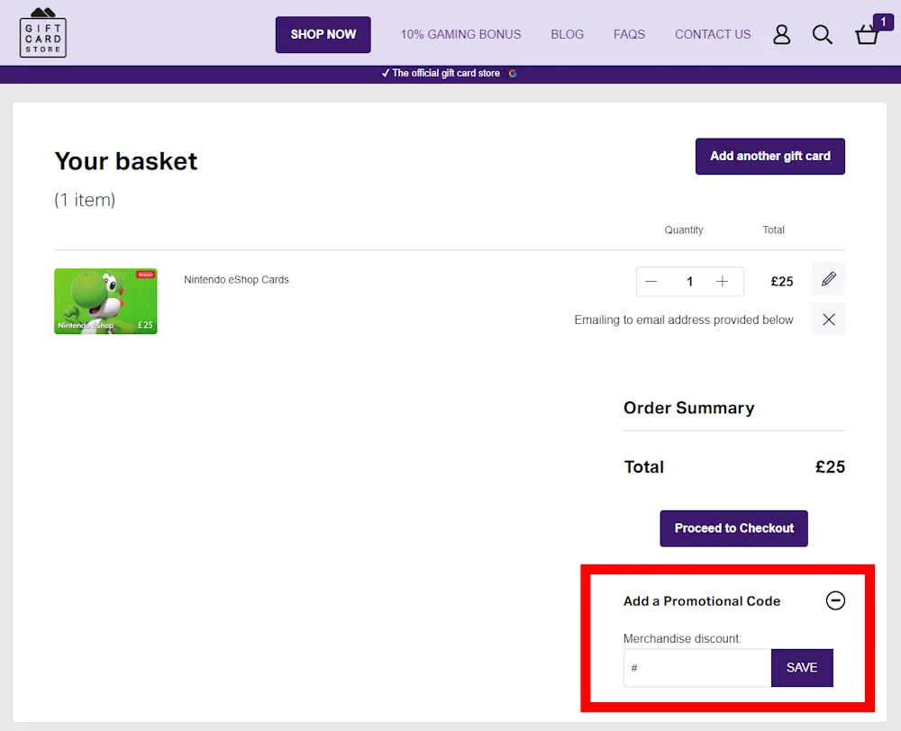 How to enter a Gift Card Store discount code at checkout on https://www.giftcardstore.co.uk/