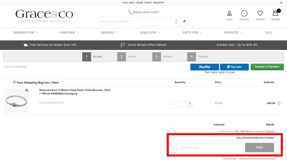 Instructions on how to enter our verified discount code for Grace & Co on graceandcojewellery.co.uk