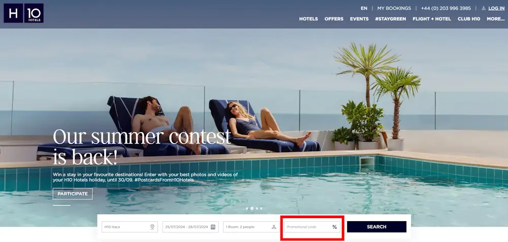Screenshot showing where to enter an H10 Hotels promo code in the checkout code box on h10hotels.com.