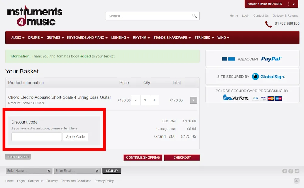 Instructions on how to use our Instruments4Music voucher code at checkout.