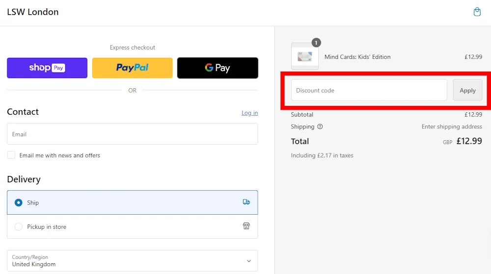 Screenshot showing where to apply a LSW London promo code during checkout on lswmindcards.com.