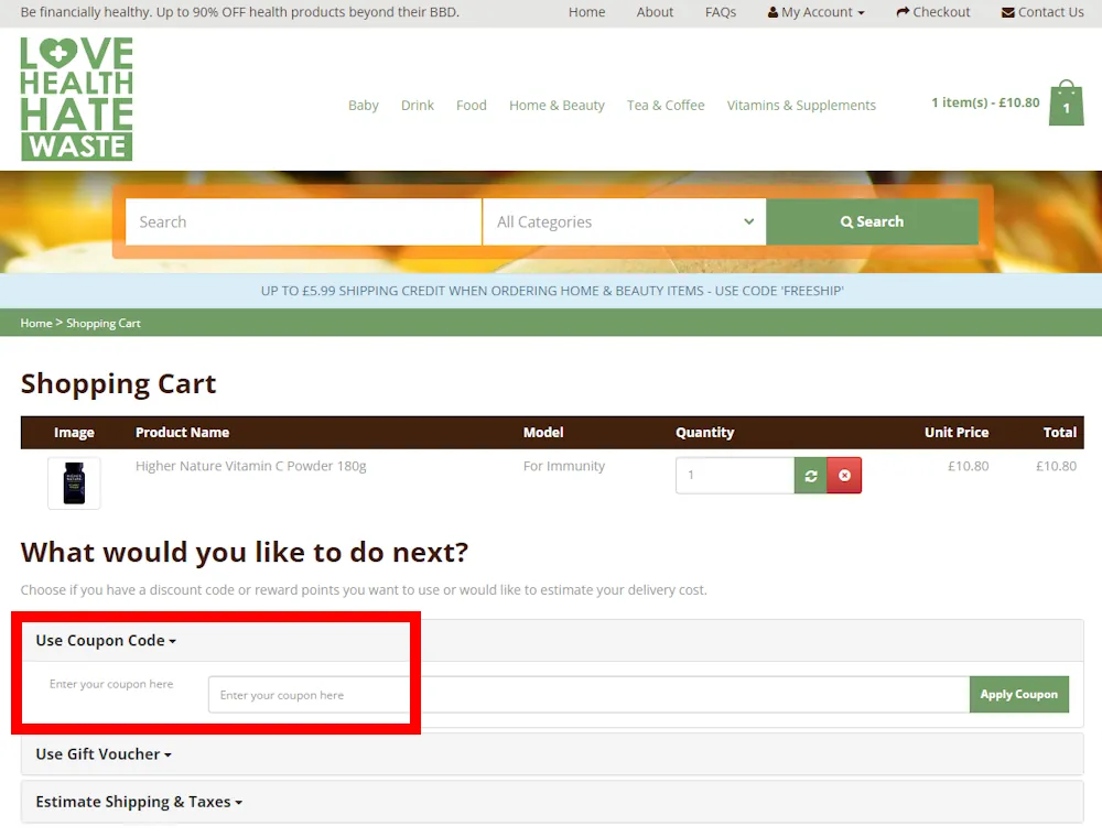 How to enter a Love Health Hate Waste discount code at checkout on https://www.lovehealthhatewaste.com/