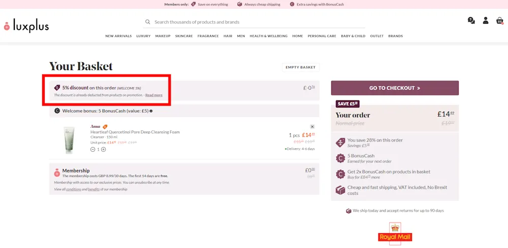 Screenshot showing where to apply a Luxplus promo code during checkout on www.luxplus.co.uk.