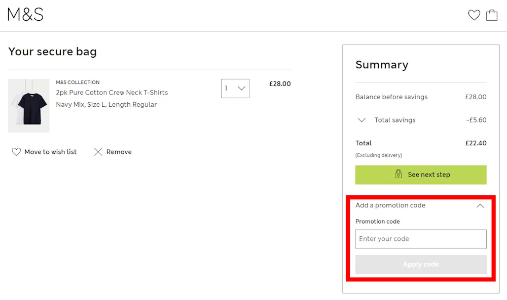 Verified instructions on how to enter our M&S voucher code at checkout.