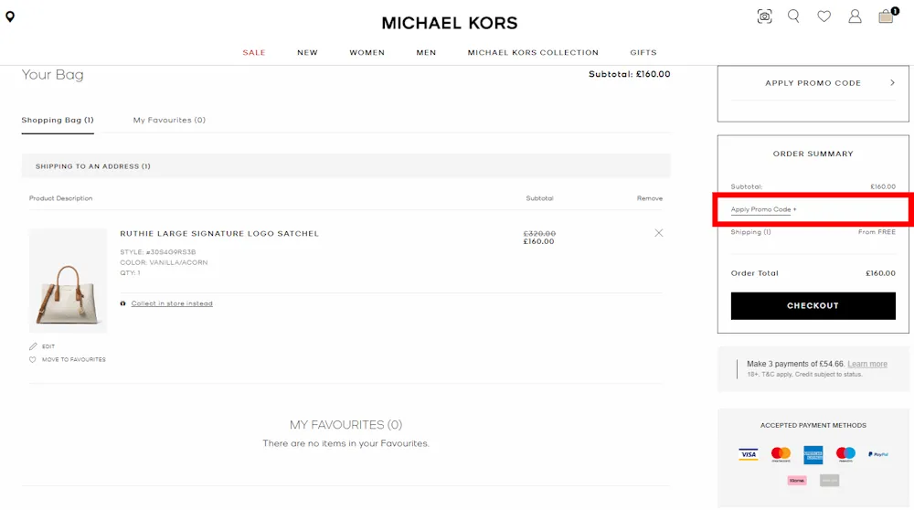 Screenshot showing where to apply a Michael Kors discount code during checkout on www.michaelkors.co.uk.