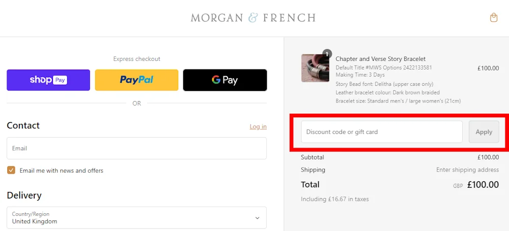Instructions on how to use our Morgan & French voucher code at checkout.