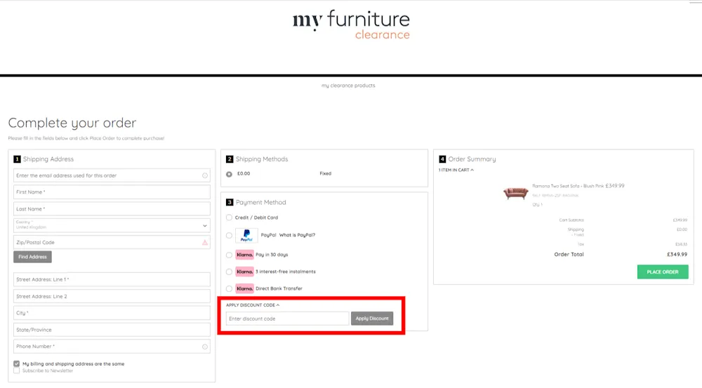 How to enter a My Furniture discount code at checkout on https://www.my-furniture.com/