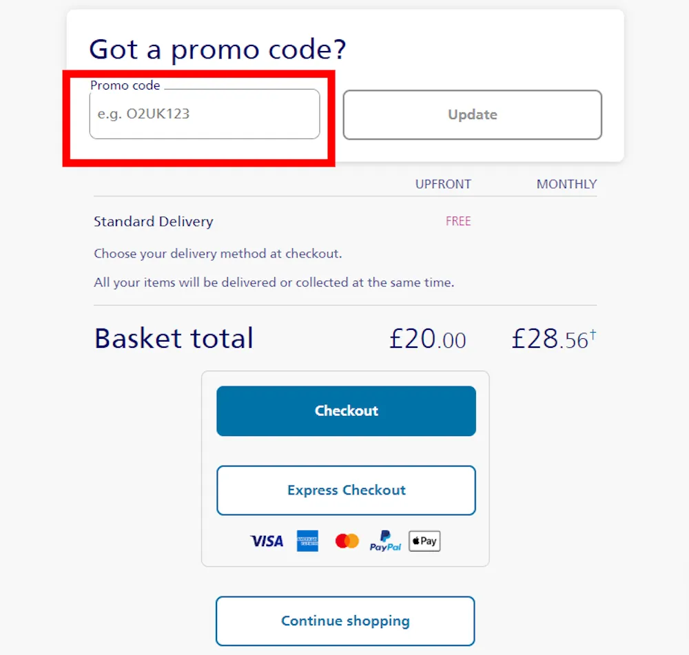 Verified instructions on how to enter our O2 voucher code at checkout.