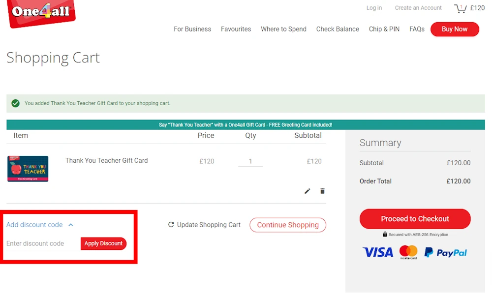 Verified instructions on how to enter our One4all voucher code at checkout.