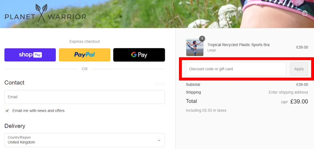 Instructions on how to enter a Planet Warrior discount code at checkout on planet-warrior.com