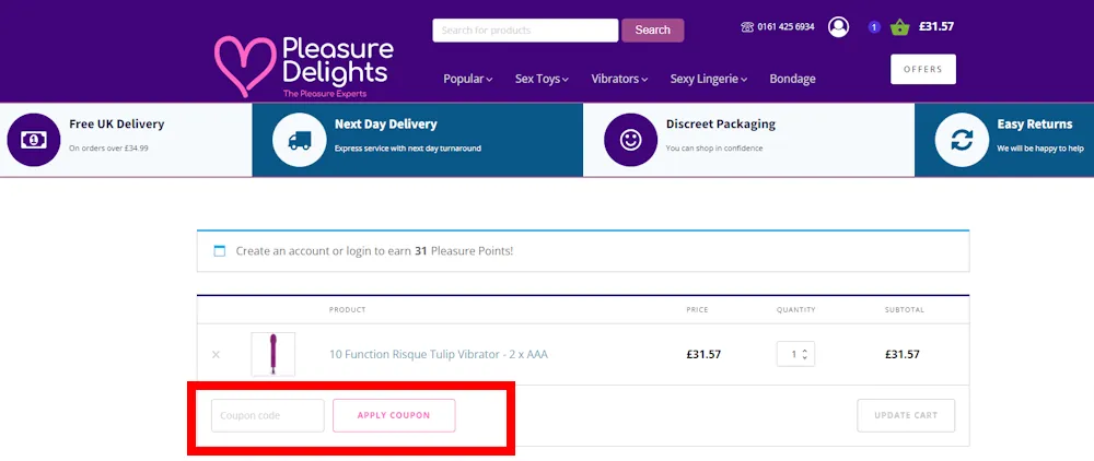 Screenshot showing where to apply a Pleasure Delights promo code during checkout on pleasuredelights.co.uk.