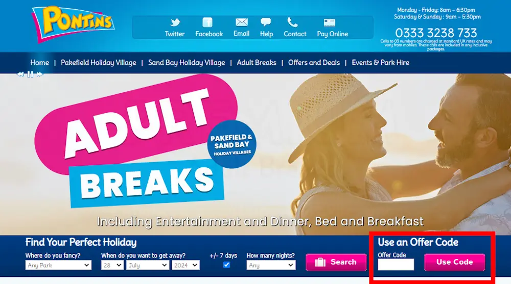 Instructions on how to enter a Pontins discount code at checkout on pontins.com