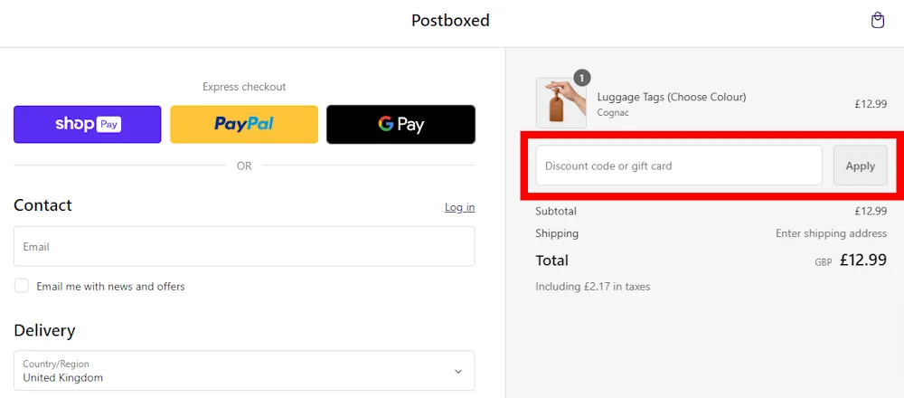 Screenshot showing where to apply a Postboxed promo code during checkout on www.postboxed.co.uk.