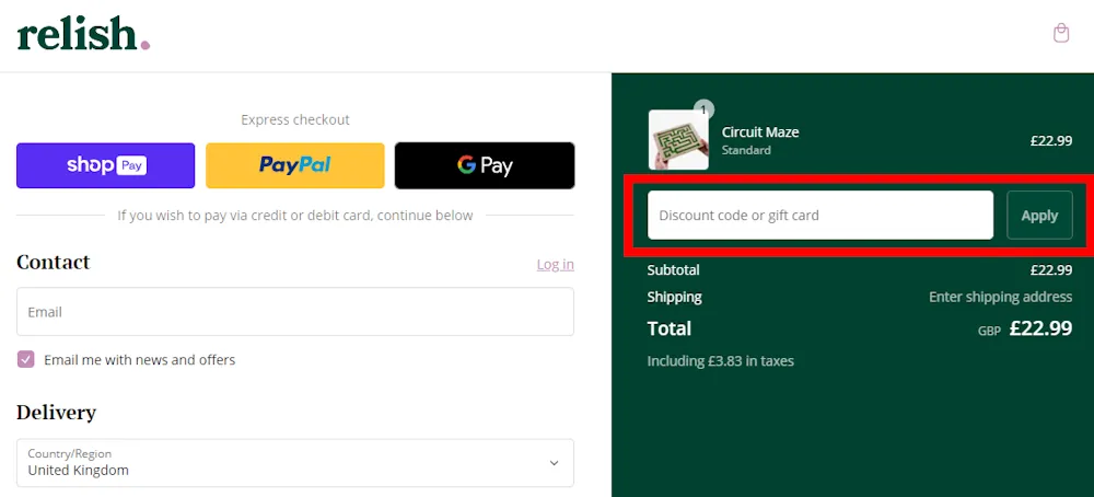 Screenshot showing where to apply a Relish code at checkout on relish-life.com.