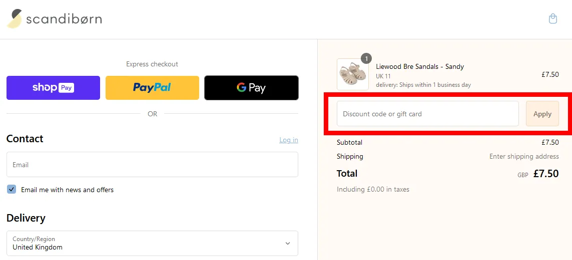 Instructions how to enter a discount code for Scandiborn on www.scandiborn.co.uk