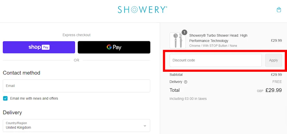 Screenshot where to enter your Showery promo code on www.showery.co.uk