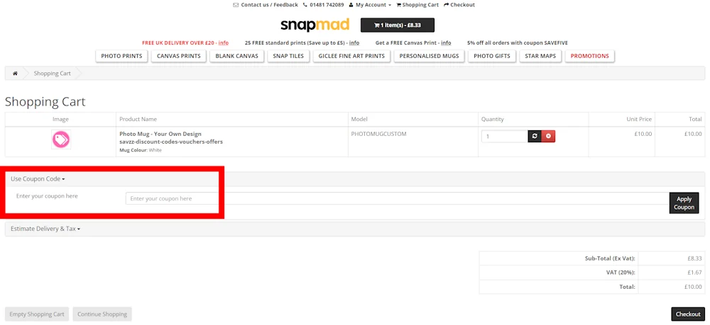 Image on how to enter a Snapmad voucher code on www.snapmad.com