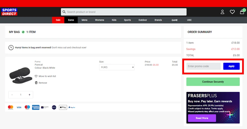 Image on how to use a Sports Direct voucher code on www.sportsdirect.com.