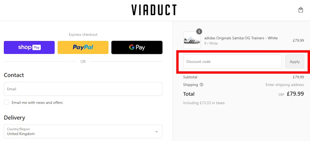 Instructions on how to enter our verified discount code for Viaduct Clothing on viaductclothing.co.uk