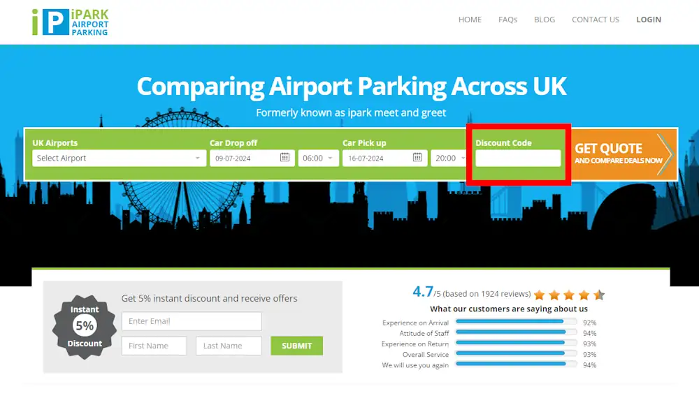 Instructions on how to enter a iPark Airport Parking discount code at checkout