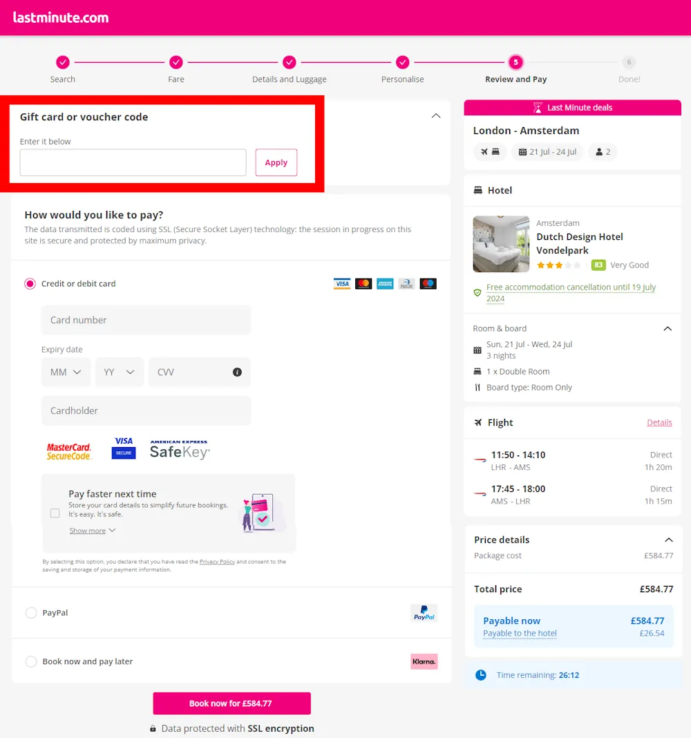 Image of where to enter a lastminute.com discount code on www.lastminute.com.