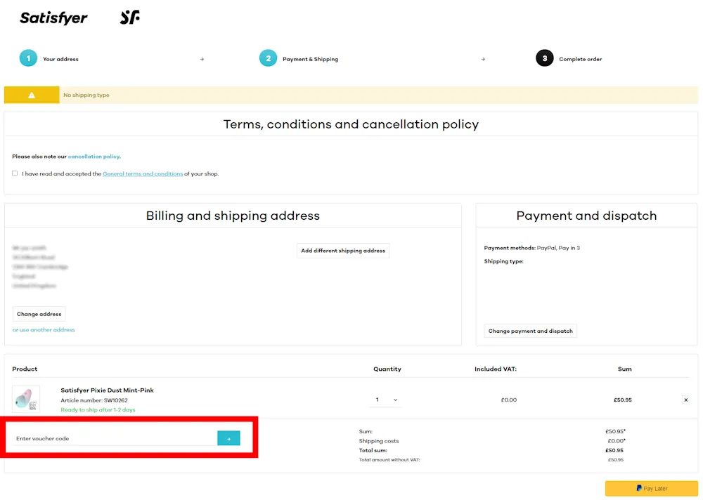 Instructions how to enter a discount code for satisfyer on www.satisfyer.com