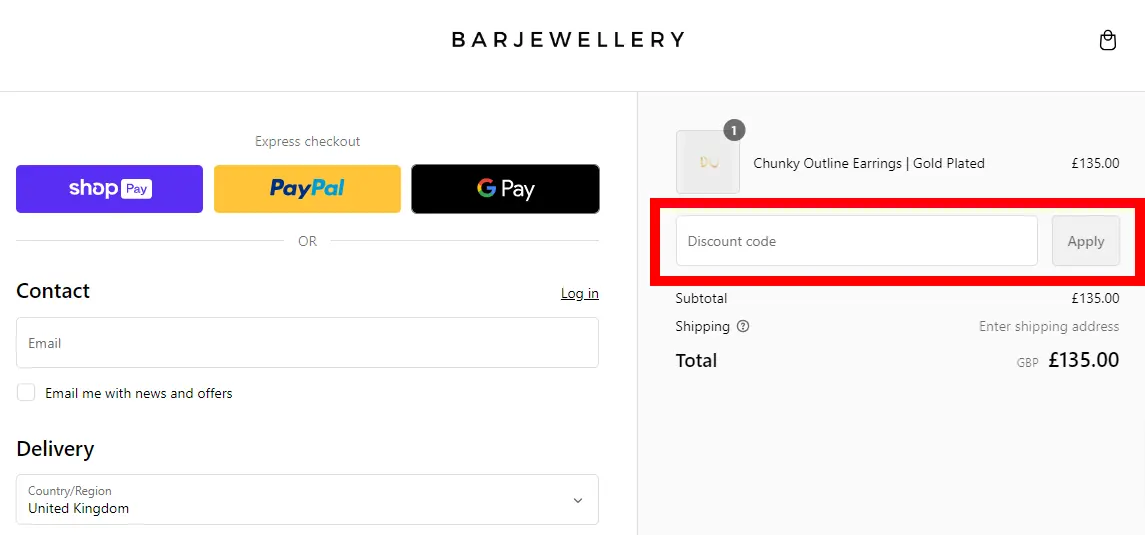 Screenshot showing where to apply a BAR Jewellery discount code during checkout on barjewellery.com.