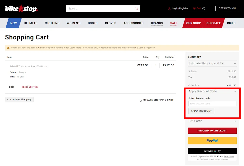 Screenshot showing where to apply a Bike Stop promo code during checkout on www.bikestop.co.uk