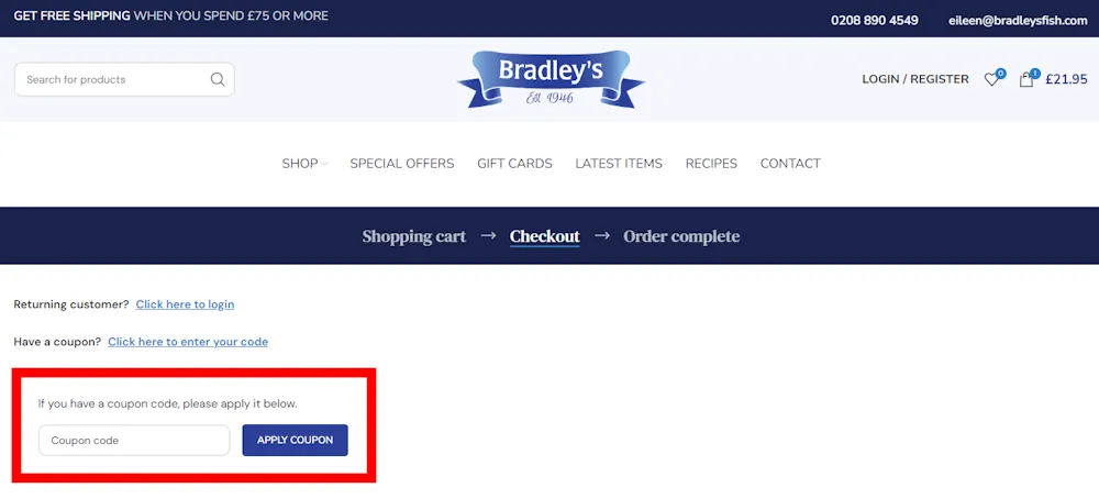 Screenshot showing where to apply a Bradleys Fish discount code during checkout on bradleysfish.com