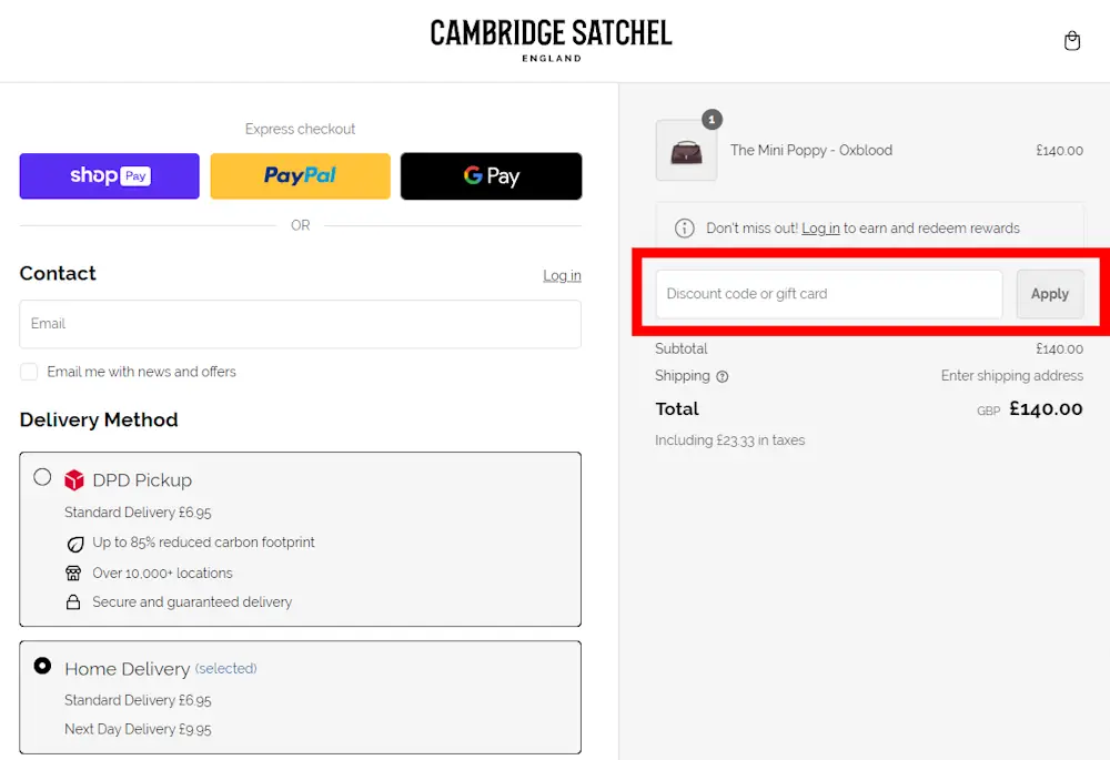 Image of how to enter a Cambridge Satchel voucher code on www.cambridgesatchel.com
