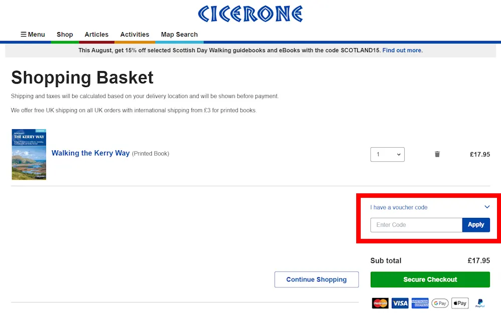 Screenshot showing where to apply a Cicerone discount code during checkout on cicerone.co.uk.