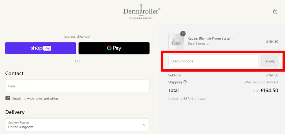 Screenshot showing where to apply a Dermaroller discount code during checkout on dermaroller-uk.com.