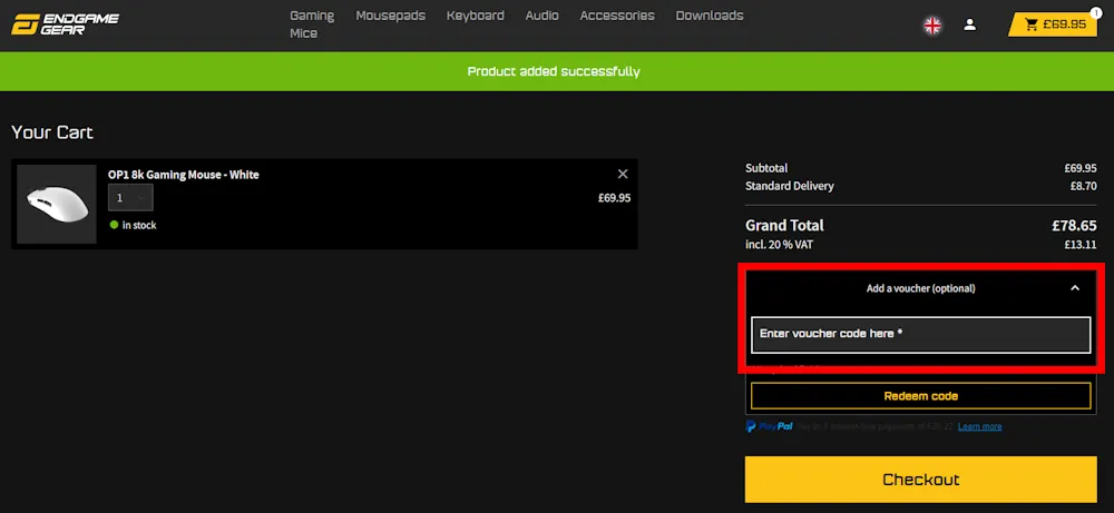 Screenshot showing where to apply a Endgame Gear discount code during checkout on endgamegear.com.