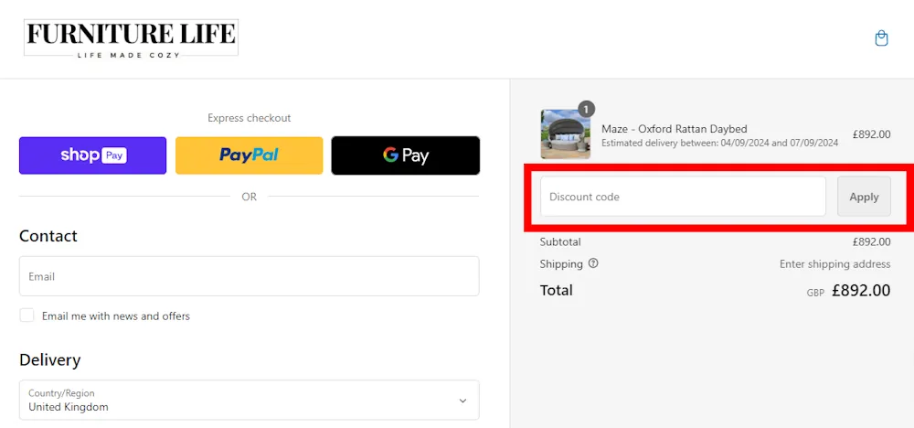 Screenshot showing where to apply a Furniture Life discount code during checkout on furniturelife.co.uk.