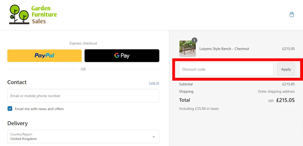Screenshot showing where to apply a Garden Furniture Sales discount code during checkout on gardenfurnituresales.co.uk.