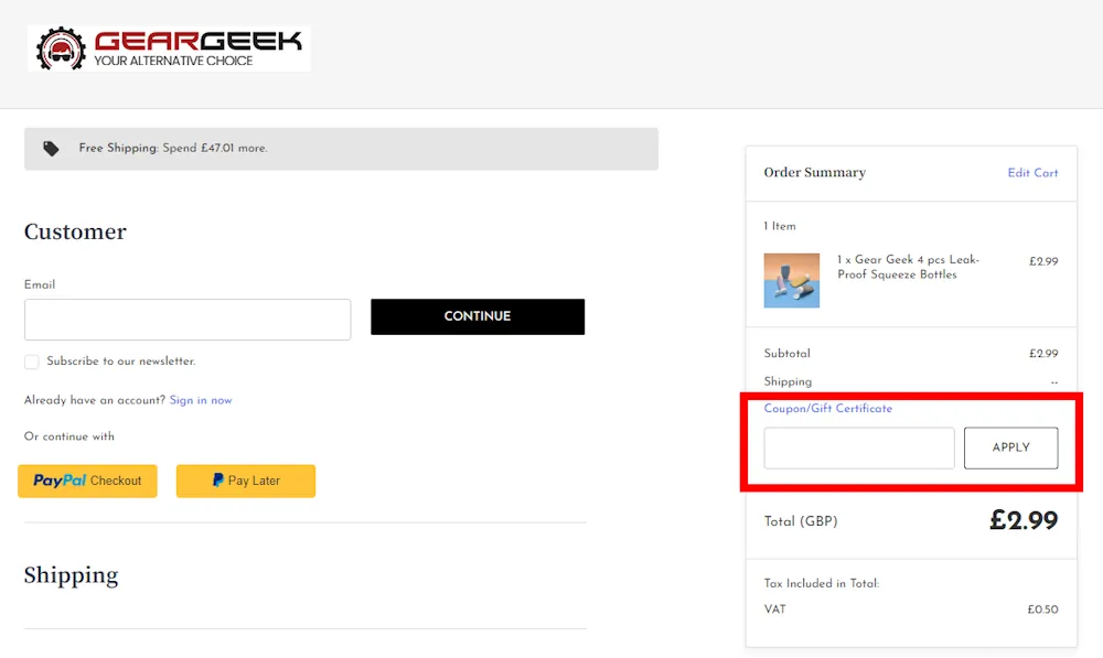 Screenshot showing where to apply a Gear Geek promo code during checkout on geargeek.co.uk.