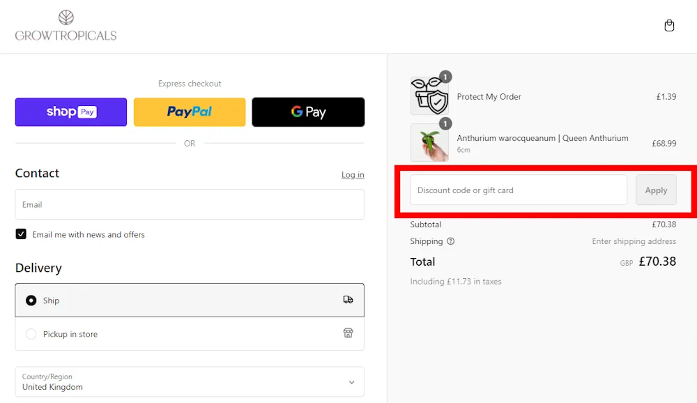 Instructions on how to enter our verified discount code for GrowTropicals on growtropicals.com
