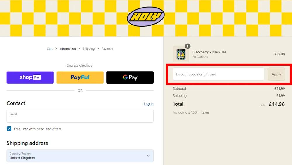 How to enter a HOLY voucher code in the checkout area on uk.weareholy.com.
