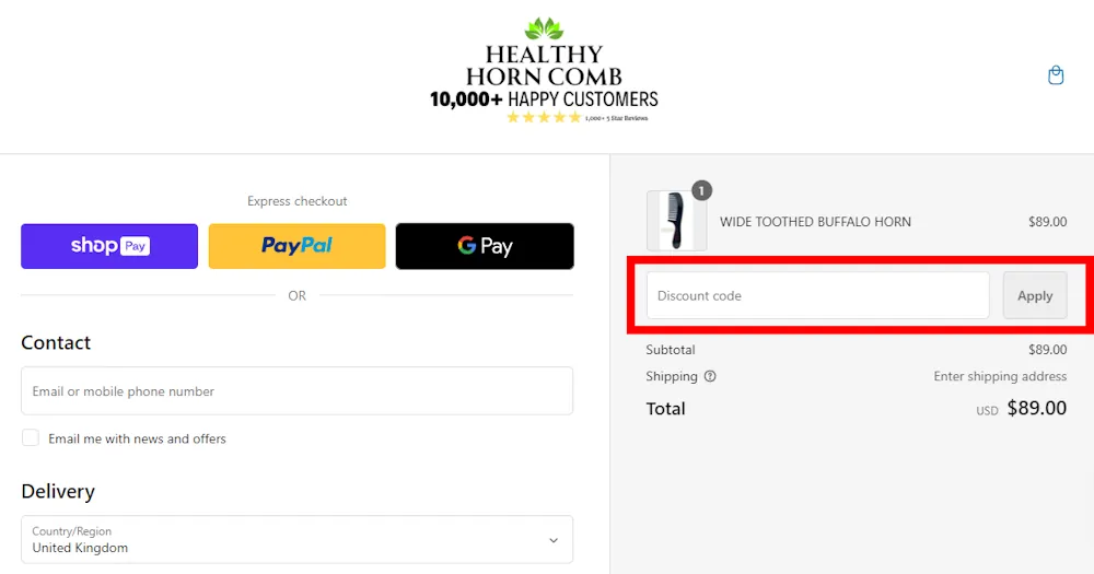 Screenshot showing where to apply a Horn Comb promo code during checkout on www.horncomb.net.