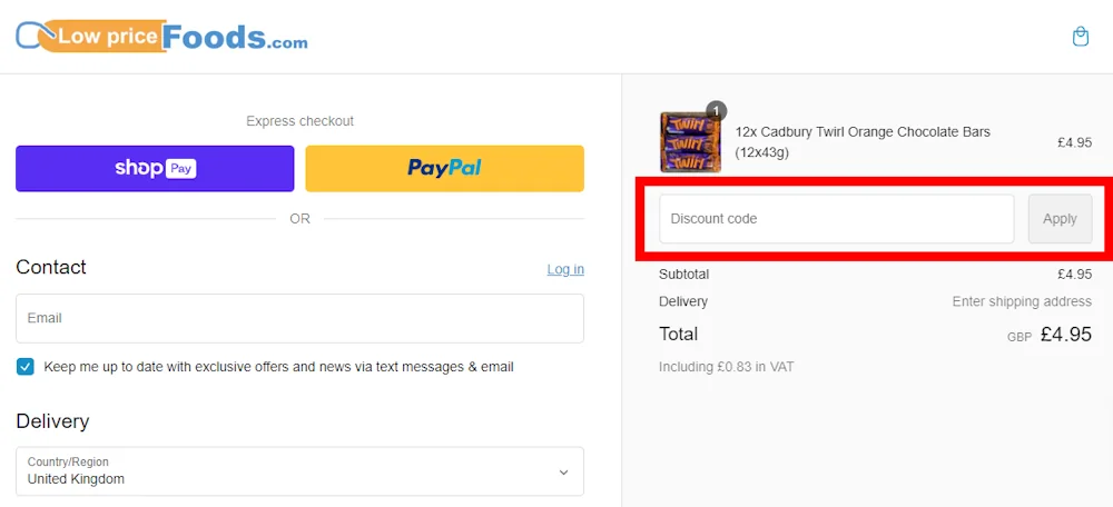 How to enter a Low Price Foods voucher code at checkout on https://lowpricefoods.com/