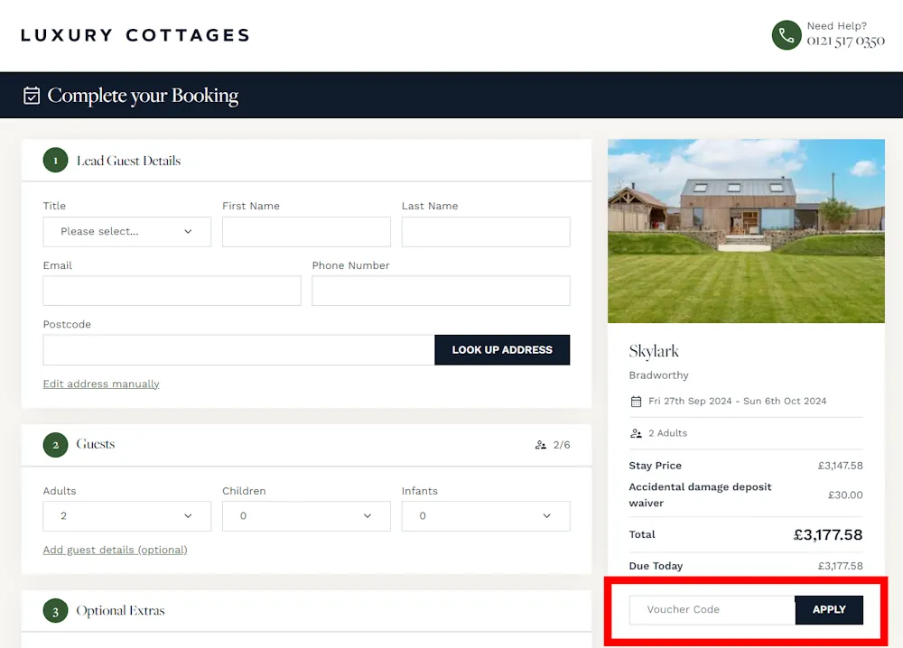 How to enter a Luxury Cottages voucher code in the checkout area on luxurycottages.com.
