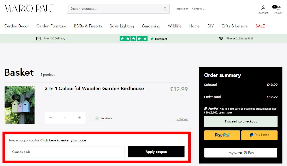 How to enter a Marco Paul voucher code in the checkout area on marcopaul.co.uk.